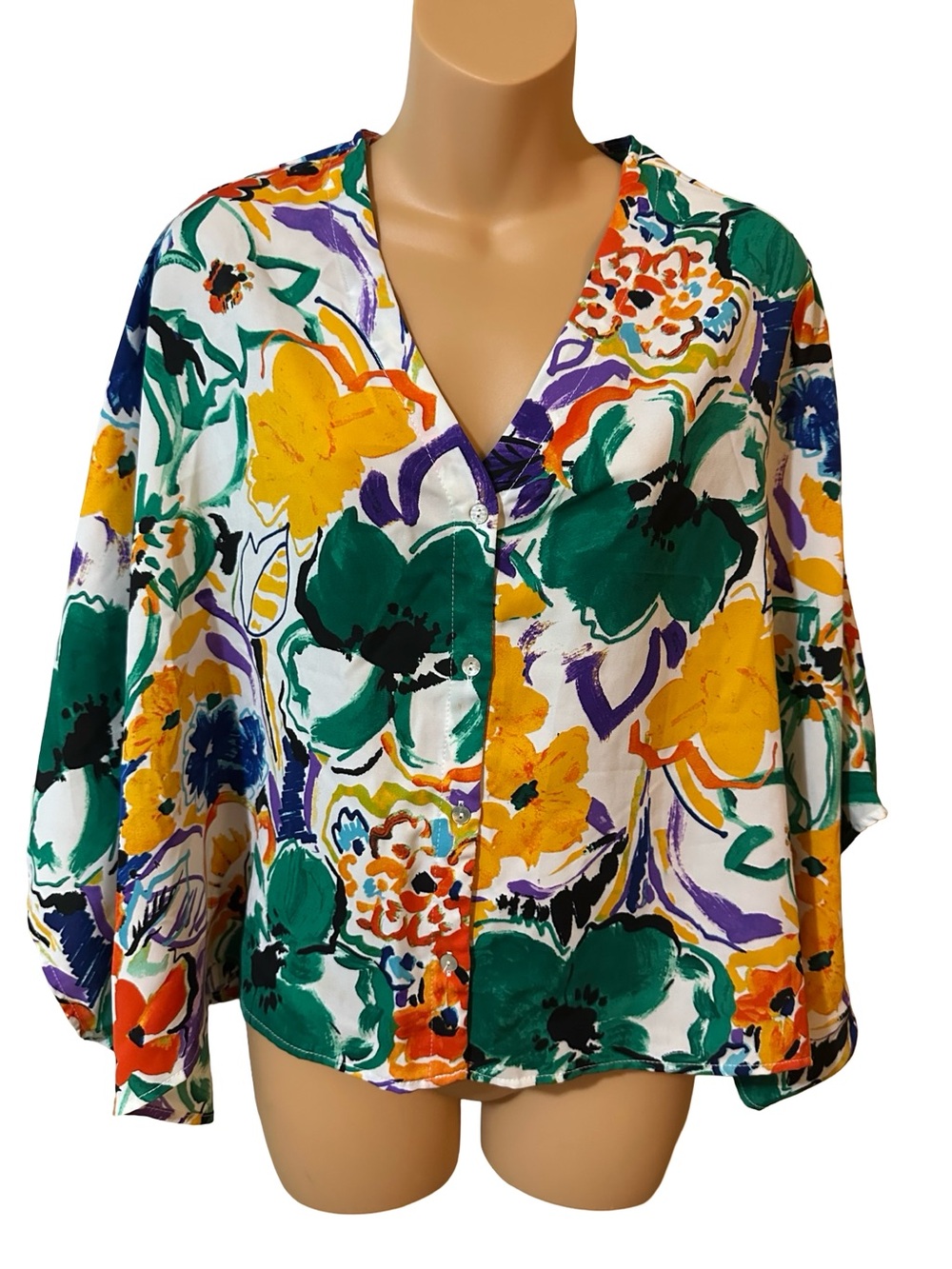 Entro S/M Floral Abstract Print V-Neck Button Front Dolman Sleeve Blouse Top